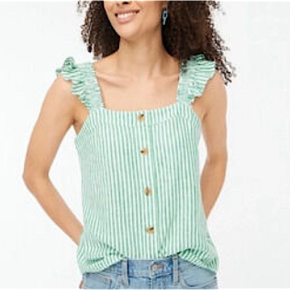 J Crew Green and White Stripe Linen Tank Top button front size medium - Picture 1 of 8